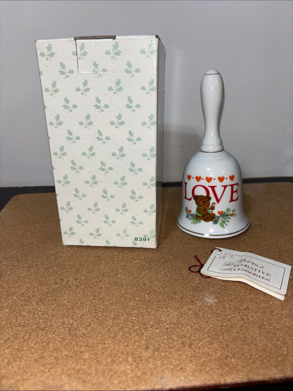 The Creative Circle 1987 Christmas Porcelain 'LOVE' Heart Teddy Bell - White 7”